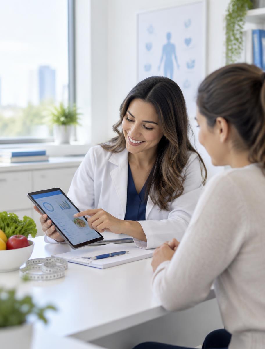 Nutricionista acompanhando a evolução de uma paciente no Health1 Care