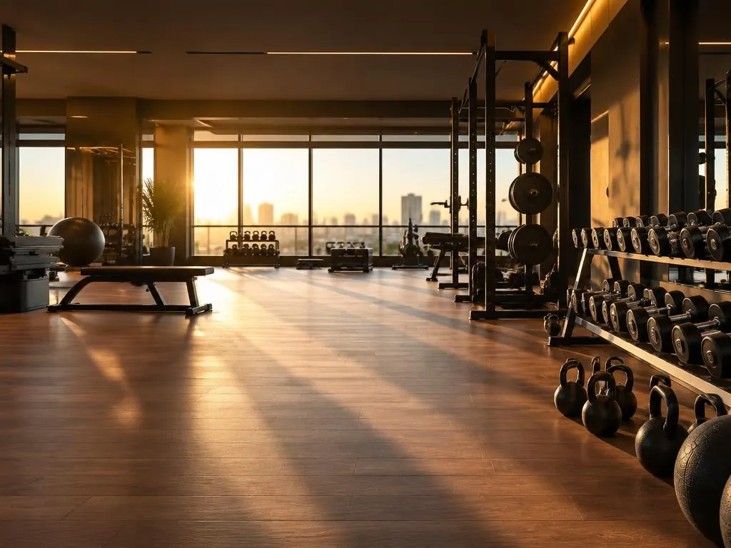Estúdio de treino vazio com luz do amanhecer