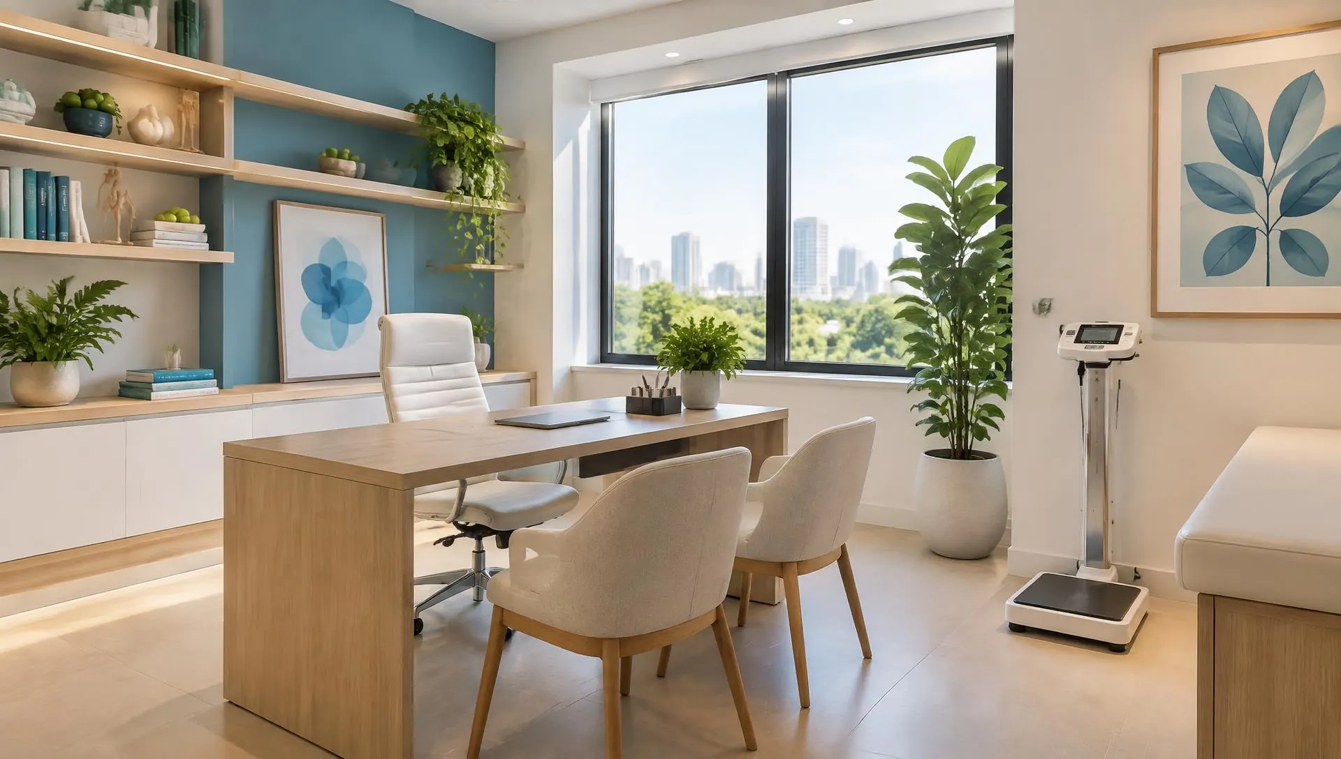 Consultório de nutrição com mesa de madeira e luz natural